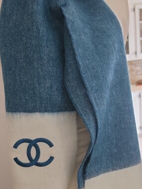 CHANEL Blue and Cream Embroidered CC Logo Scarf